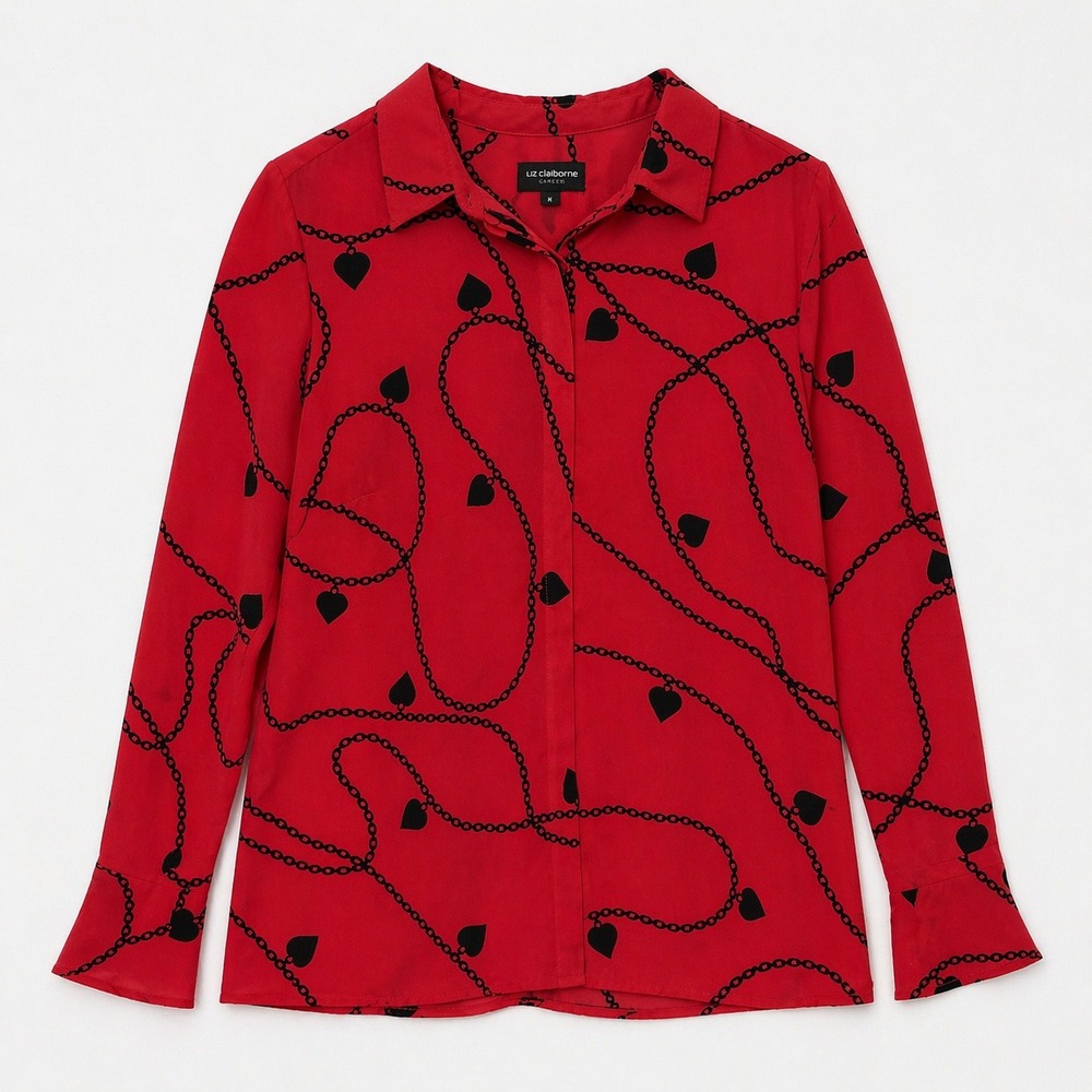 Vtg Lipstk Red Black Heart Liz Claiborne Gothic Lolita Chain Shirt M Bell Sleeve